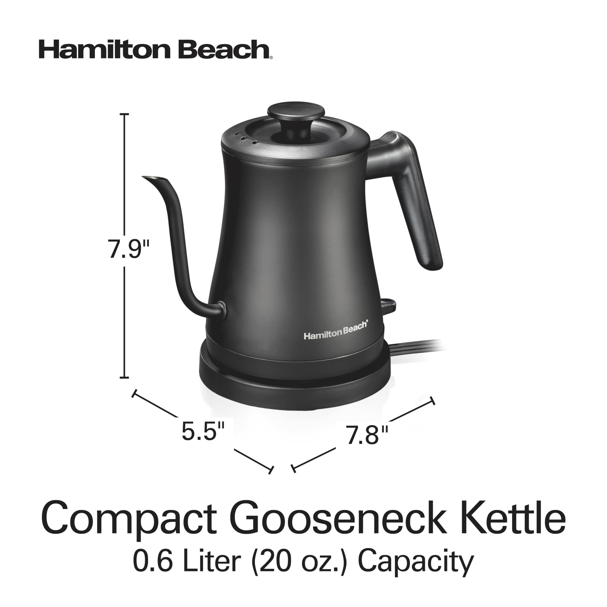 Hamilton Beach Compact 20 oz. / 0.6 Liter Gooseneck Electric Kettle for Boiling Water, Pour Over Coffee, Tea, Ultra Fast Heating With 1200 Watts, Stainless Steel BPA-Free Interior, Black (41045)