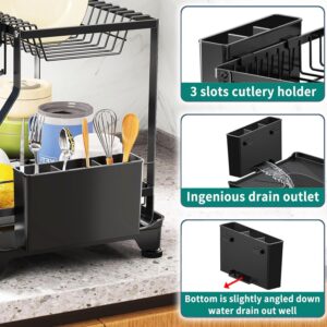 junyuan Dish Rack for Kitchen Counter,2 Tier Dish Drying Rack with 360° Swivel Spout,Large Dish Drainer with Utensil Holder,Adjustable Wine Glasses and Cup Holder,Strong and Sturdy,Black