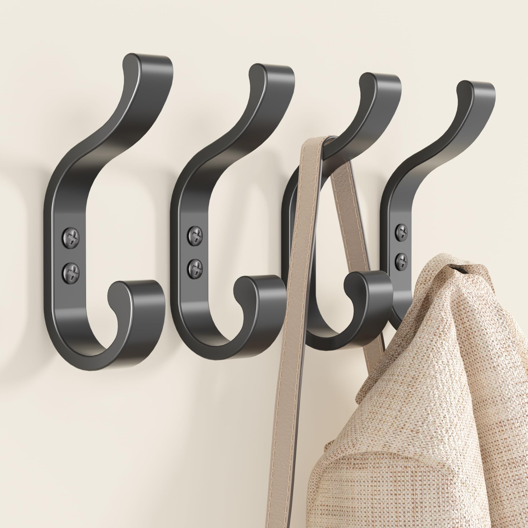 bussdis Coat Hooks Wall-Mount Coat Hanger - Wall Hooks for Hanging Heavy Duty,Hold 30 Lb,Hat Hooks for Baseball Caps,Towel Hooks,Backpack Hooks,Key Hook,Hooks for Hanging Towels,Black,4 Pack