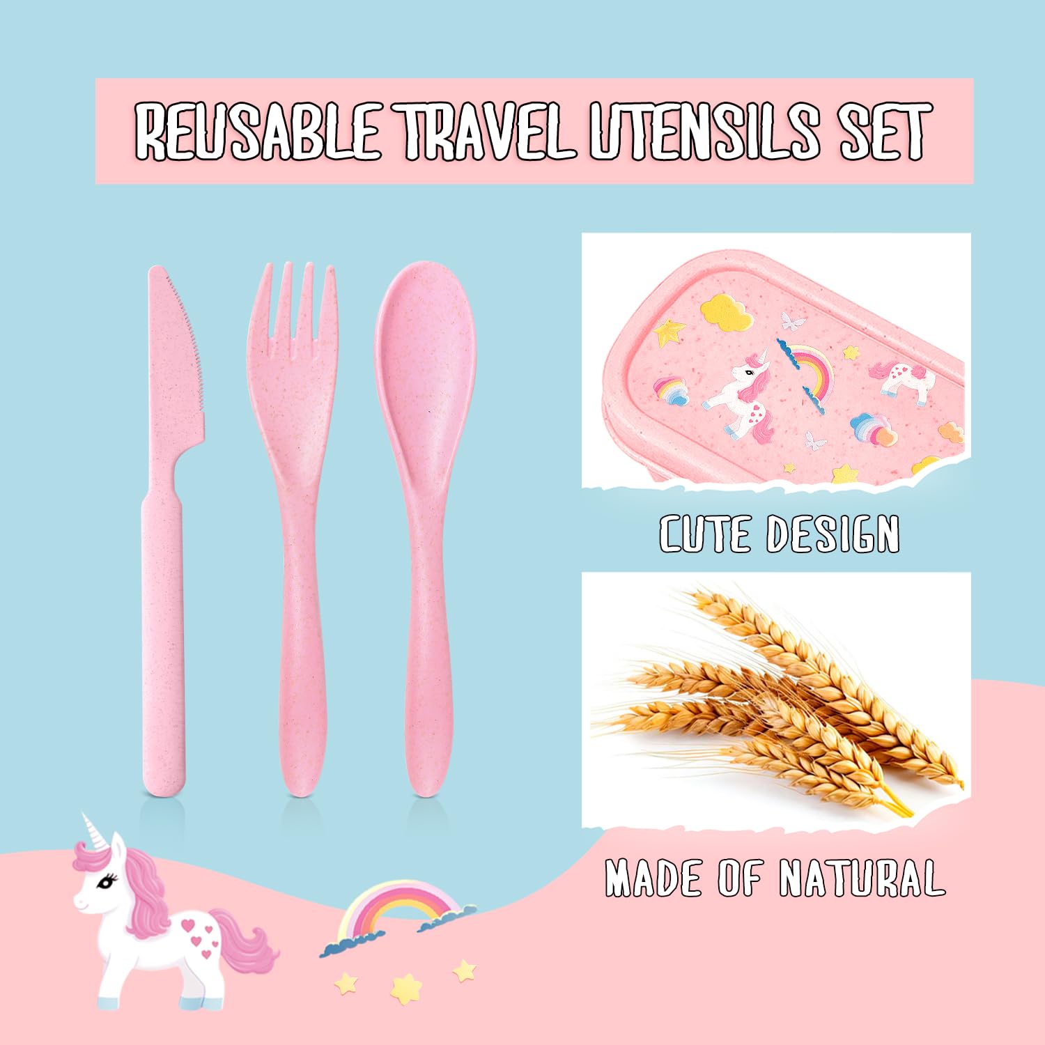 Teivio Plastic Wheat Straw Portable Travel Utensils Set for Kids, Reusable Flatware-Forks Spoons Knives Chopsticks for School Camping with Cute Unicorn Pattern Storage Case (Pink)