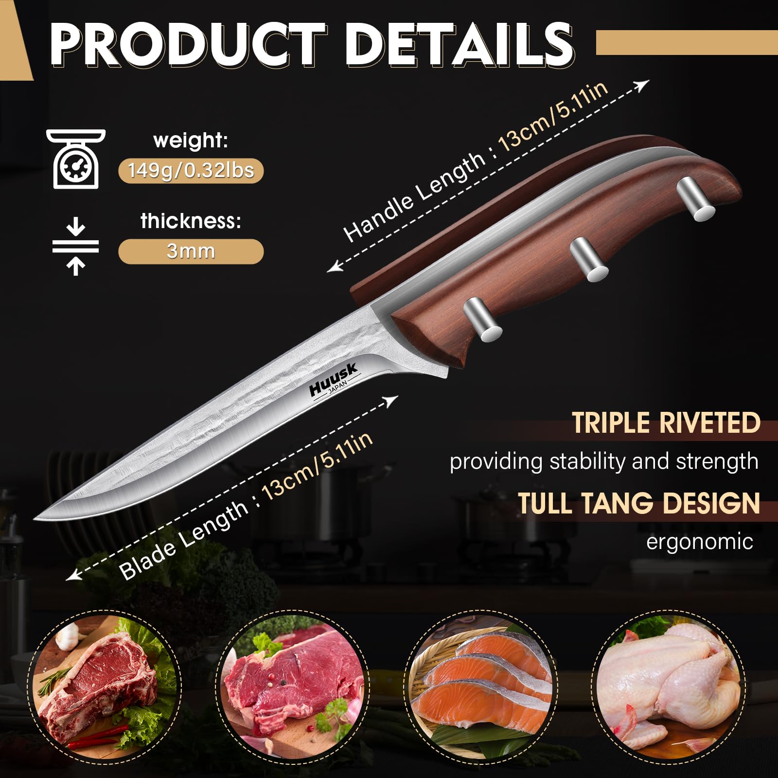 Huusk 5 Inch Boning Knife for Meat, High Carbon Steel Hand Forged Full Tang Sharp Japanese Deboning Knife, Premium Outdoor Kitchen Knife for Poultry Chicken,BBQ,Father's Day Christmas Gift