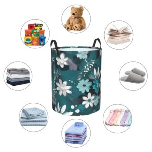 Teal Grey And White Floral Printed Laundry Hamper,Round Laundry Basket,Clothes Hamper With Handle,Collapsible Waterproof For Bedroom