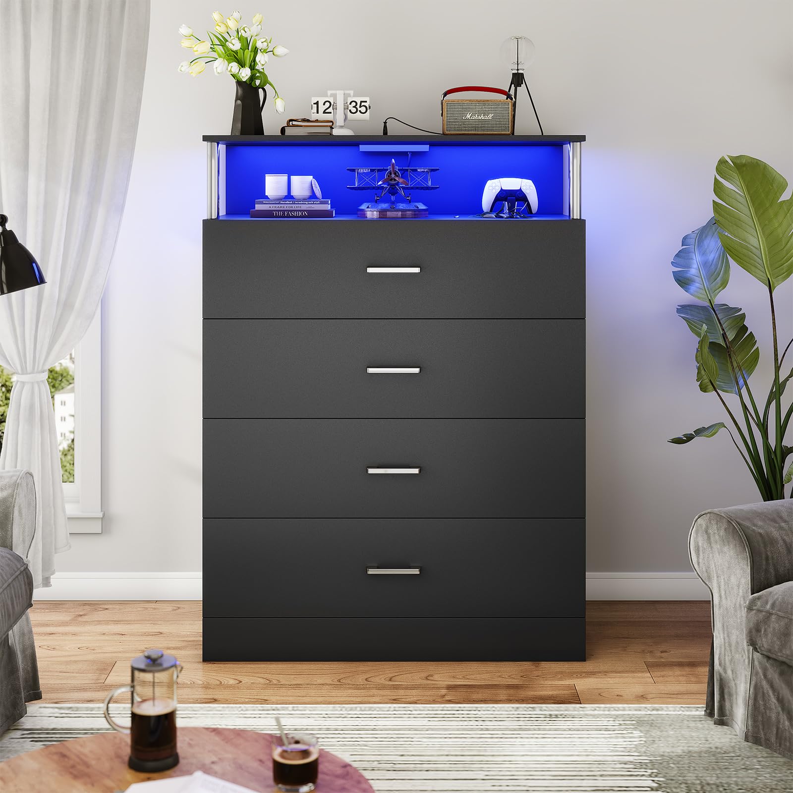 AOGLLATI Dresser for Bedroom with Column Design, 4 Drawer Dresser with Charging Station, Modern Bedroom Led Tall Black Dresser for Bedroom Closet