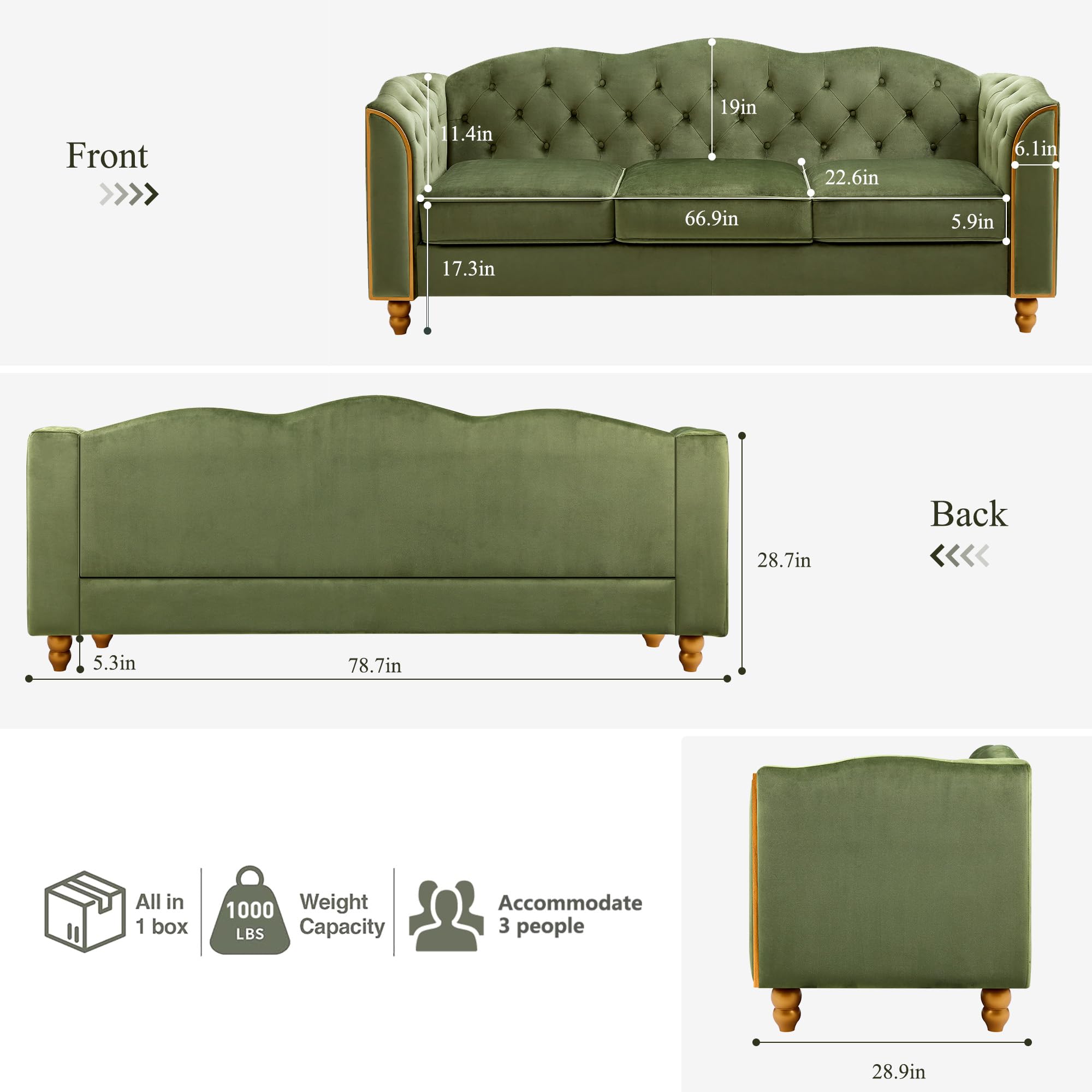 HITHOS 78" Velvet Sofa Couch, Soft 3 Seater Sofa Couche for Living Room, Button Tufted Comfy Couch Modern Sofa with Upholstered Cushion, Gold Trim, Solid Wood Legs for Dorm Bedroom Apartment, Green