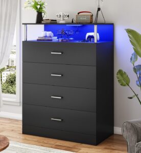 aogllati dresser for bedroom with column design, 4 drawer dresser with charging station, modern bedroom led tall black dresser for bedroom closet