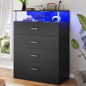 AOGLLATI Dresser for Bedroom with Column Design, 4 Drawer Dresser with Charging Station, Modern Bedroom Led Tall Black Dresser for Bedroom Closet