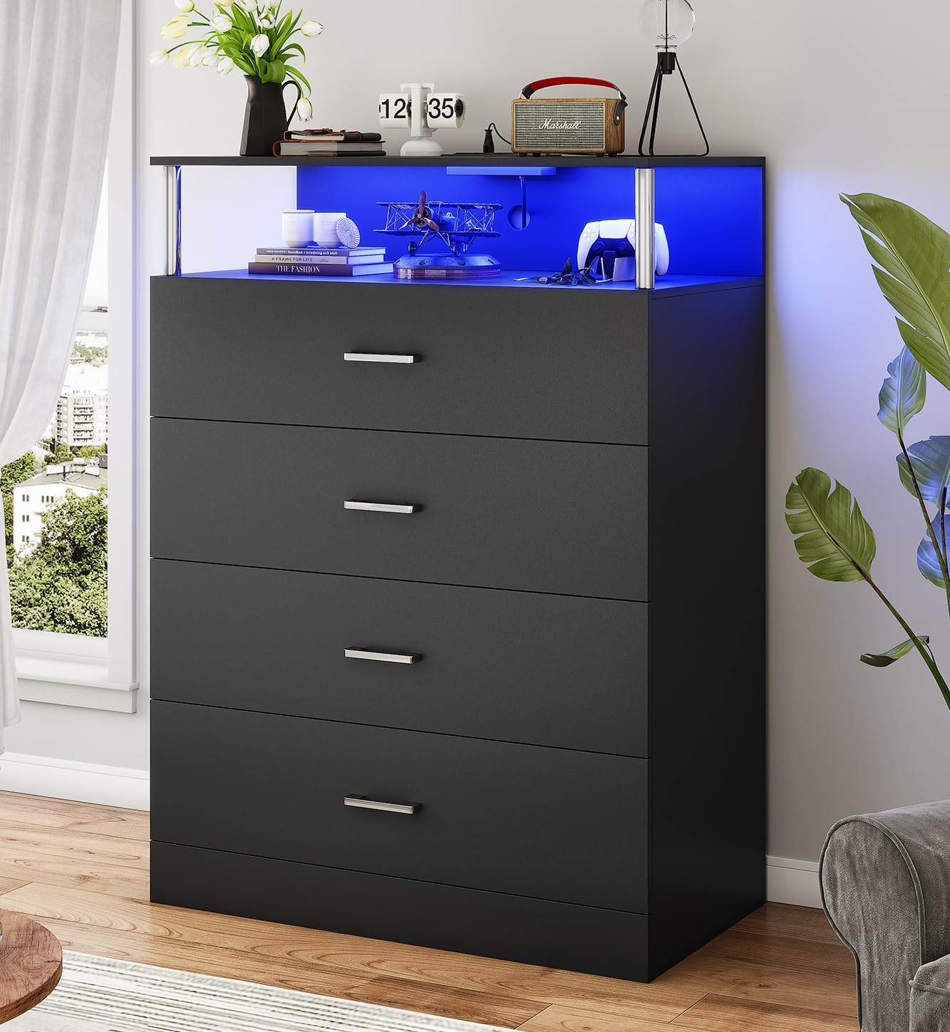 AOGLLATI Dresser for Bedroom with Column Design, 4 Drawer Dresser with Charging Station, Modern Bedroom Led Tall Black Dresser for Bedroom Closet