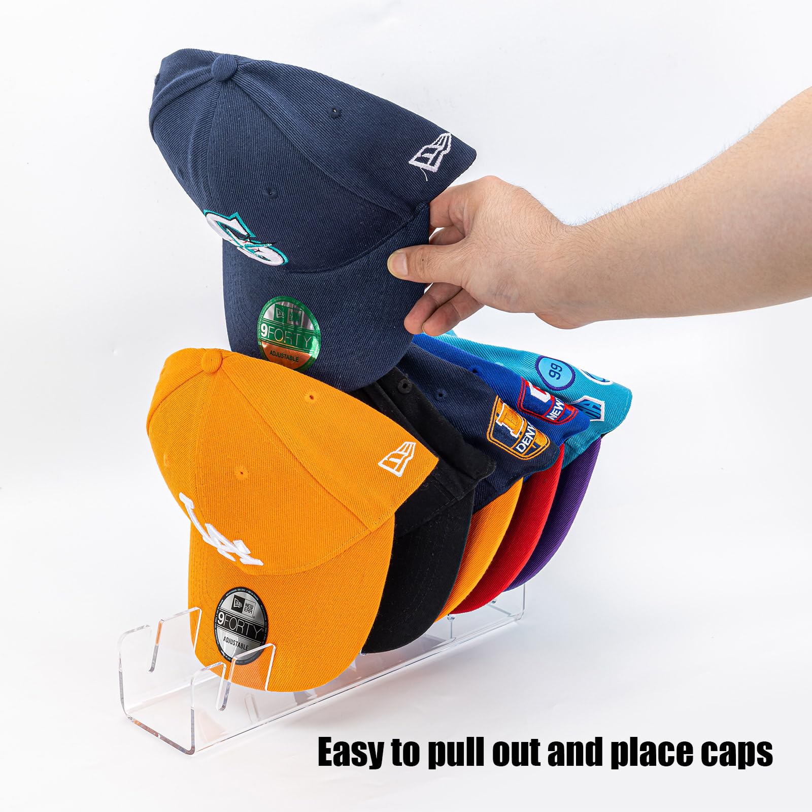 HAYVAN Hat Stand for Baseball Caps 2 Pack No Install - Acrylic Hat Holder Display and Organizer for 14 Baseball Caps for Bedroom, Closet, Dresser(Clear)