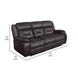 Benjara 87 Inch Sofa, Manual Motion Recliner, 2 AC and 2 USB, Brown Faux Leather