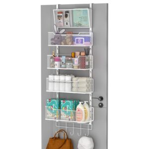 hongtamoya adjustable over the door organizer, hanging door storage with pvc pocket and 4 metal baskets wall mount, behind door rack for bathroom pantry cabinet bedroom closet, white