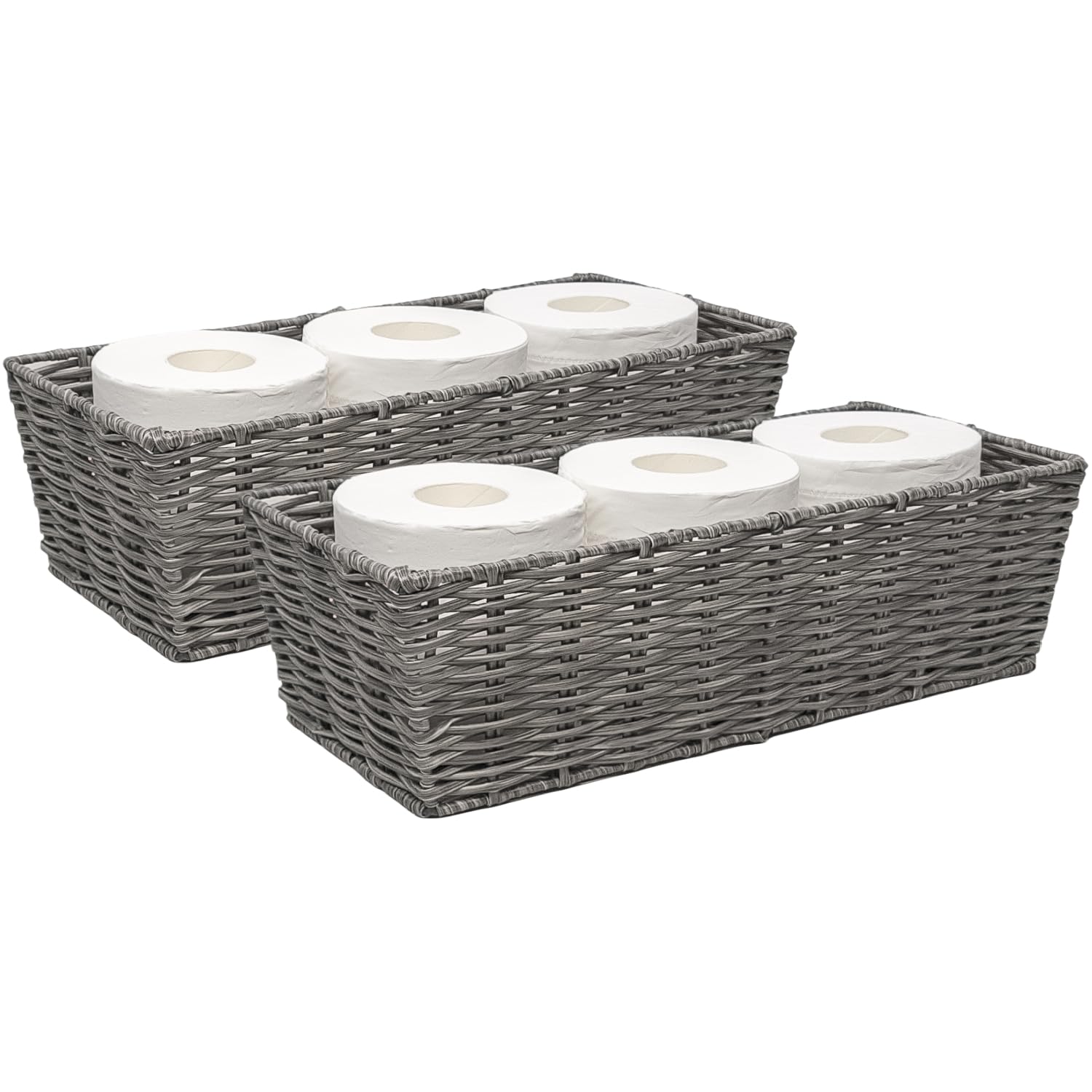 GIB Bathroom Baskets for Organizing, Toilet Paper Baskets for Back of Toilet Tank Top, Small Wicker Basket for Organizing, Waterproof Decorative Rectangle Woven Baskets, Grey, Set of 2