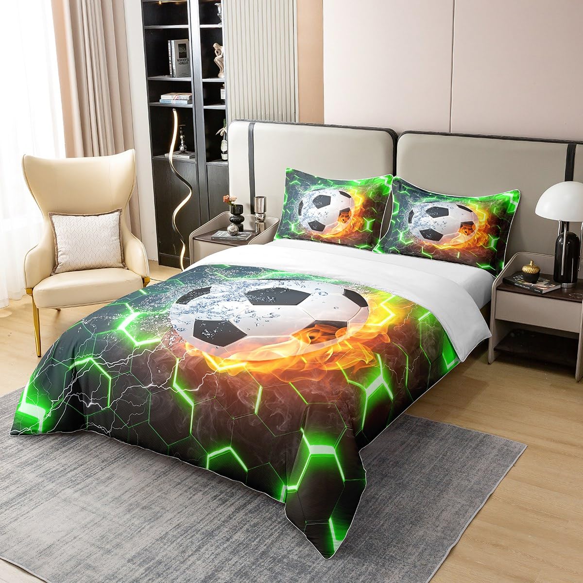 Erosebridal Kids Soccer 100% Cotton Duvet Cover Full Size,Football Bedding Set for Boys Room Decor,Green Gradient Hexagon Comforter Cover Soccer Gifts for Teen Girls,Geometric Honeycomb Bed Set