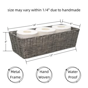 GIB Bathroom Baskets for Organizing, Toilet Paper Baskets for Back of Toilet Tank Top, Small Wicker Basket for Organizing, Waterproof Decorative Rectangle Woven Baskets, Grey, Set of 2