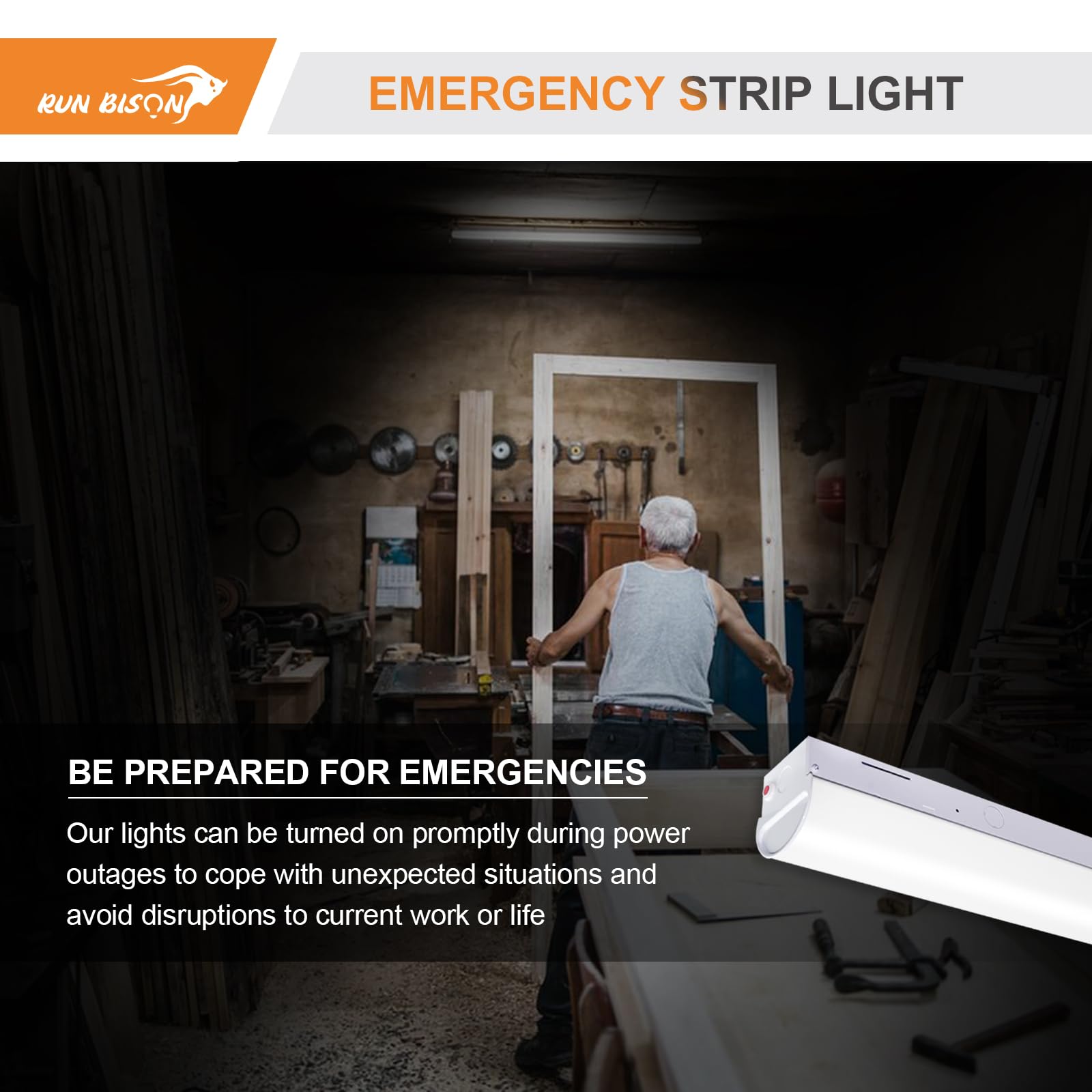 4FT LED Linear Shop Lights with Emergency Battery Backup,3 Color Selectable 3500K-5000K, Lumen Adjustable 4420/4940/5850LM,120-277V, 0-10V Dimmable, Built-in 90 Minute Emergency Battery (1PK)