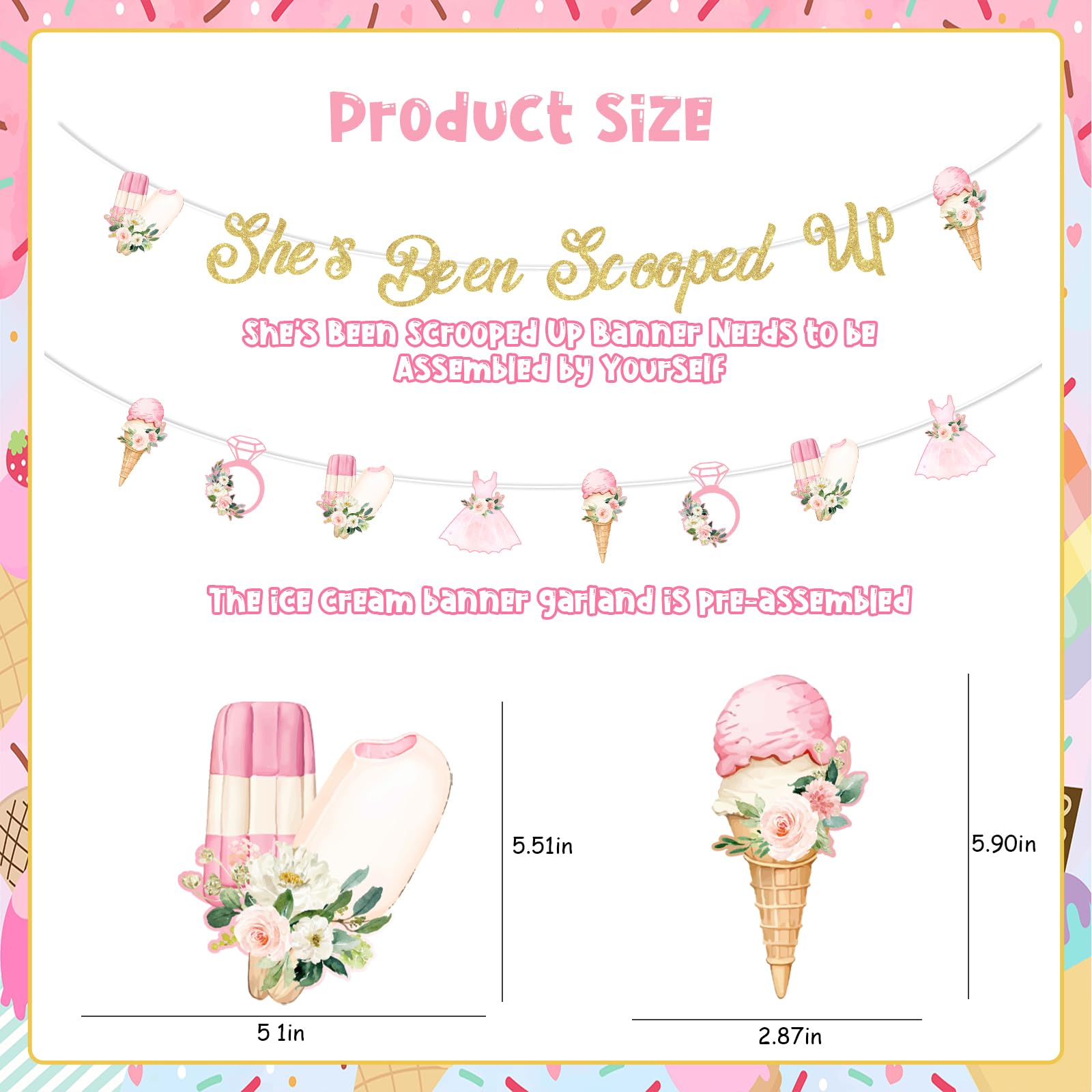 Jollyboom She's Been Scooped Up Banner, Ice Cream Bridal Shower Party Decoration Glitter Banner for Girl Women Summer Ice Cream Theme Bachelorette Bridal Shower Engagement Wedding Party