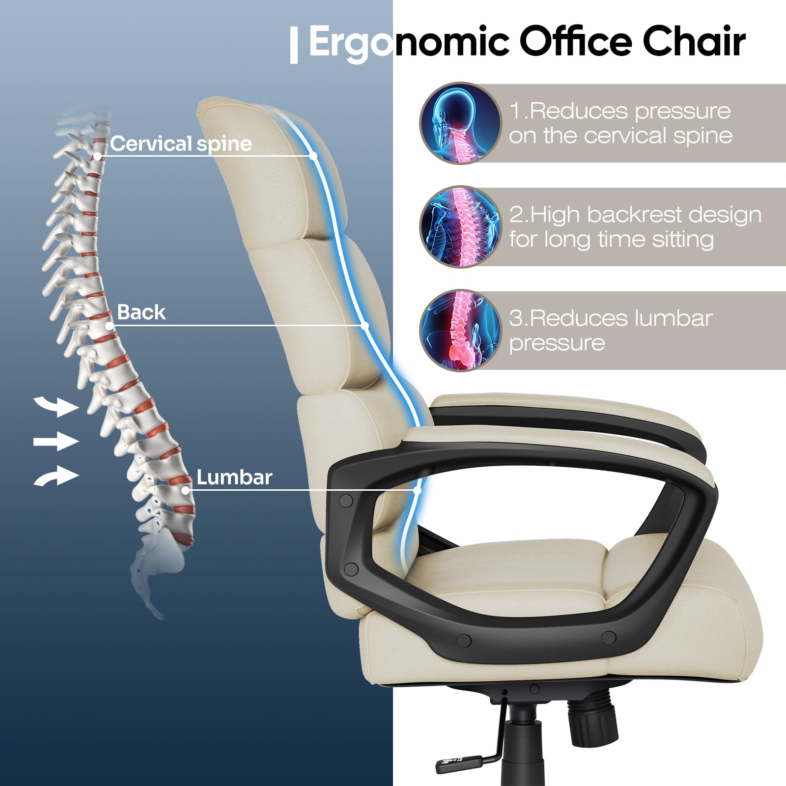 MOLENTS Executive Office Chair,Ergonomic Desk Chair, Leather High Back Computer Chair, Adjustable Height,Swivel Rolling Comfy Home Office Desk Chair,Beige