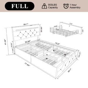 Benevika Full Size Bed Frame with 4 Drawers and LED Light, Charge Station, PU Leather Upholstered Platform Storage Bed with Adjustable Headboard, Wooden Slats Support, No Box Spring Needed, White