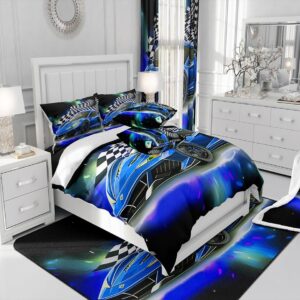 Feelyou Blue Racing Car Comforter Set Twin Size, Fast and Furious Extreme Sport Games Bedding Sets for Kids Boys Teens,Sports Car Bed in A Bag,Cool Modern Duvet Insert with 1 Pillowcase