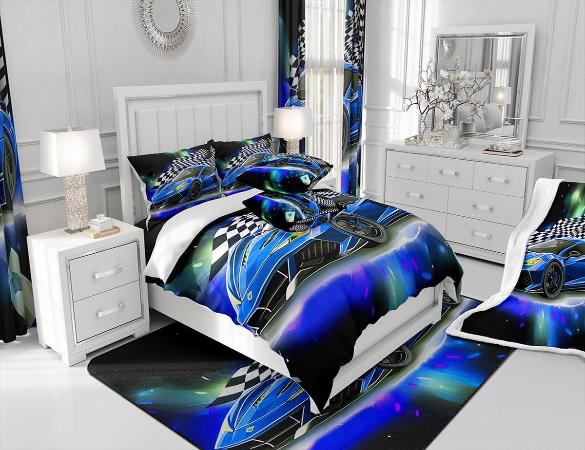 Feelyou Blue Racing Car Comforter Set Twin Size, Fast and Furious Extreme Sport Games Bedding Sets for Kids Boys Teens,Sports Car Bed in A Bag,Cool Modern Duvet Insert with 1 Pillowcase