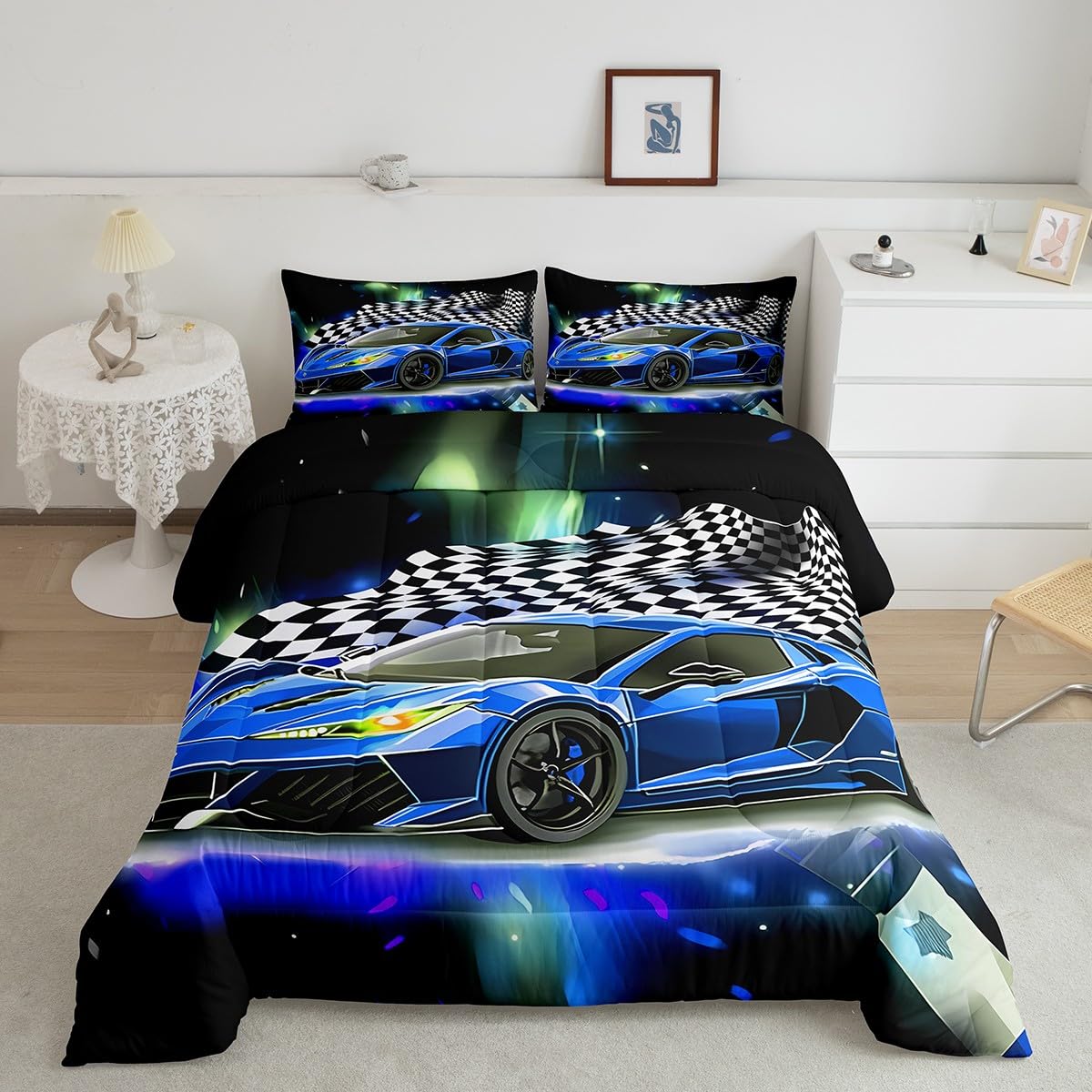 Feelyou Blue Racing Car Comforter Set Twin Size, Fast and Furious Extreme Sport Games Bedding Sets for Kids Boys Teens,Sports Car Bed in A Bag,Cool Modern Duvet Insert with 1 Pillowcase