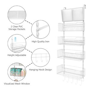 Hongtamoya Adjustable Over The Door Organizer, Hanging Door Storage with PVC Pocket and 4 Metal Baskets Wall Mount, Behind Door Rack for Bathroom Pantry Cabinet Bedroom Closet, White