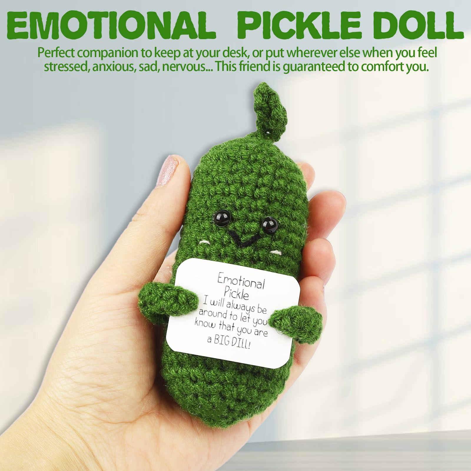 Hoedia Handmade Emotional Pickle Gift, Cucumber Crochet Doll Inspirational Gifts with Cards, Cute Knitted Funny Support Pickle Potato Friend Birthday Christmas Stocking Stuffers (Emotional Pickle)