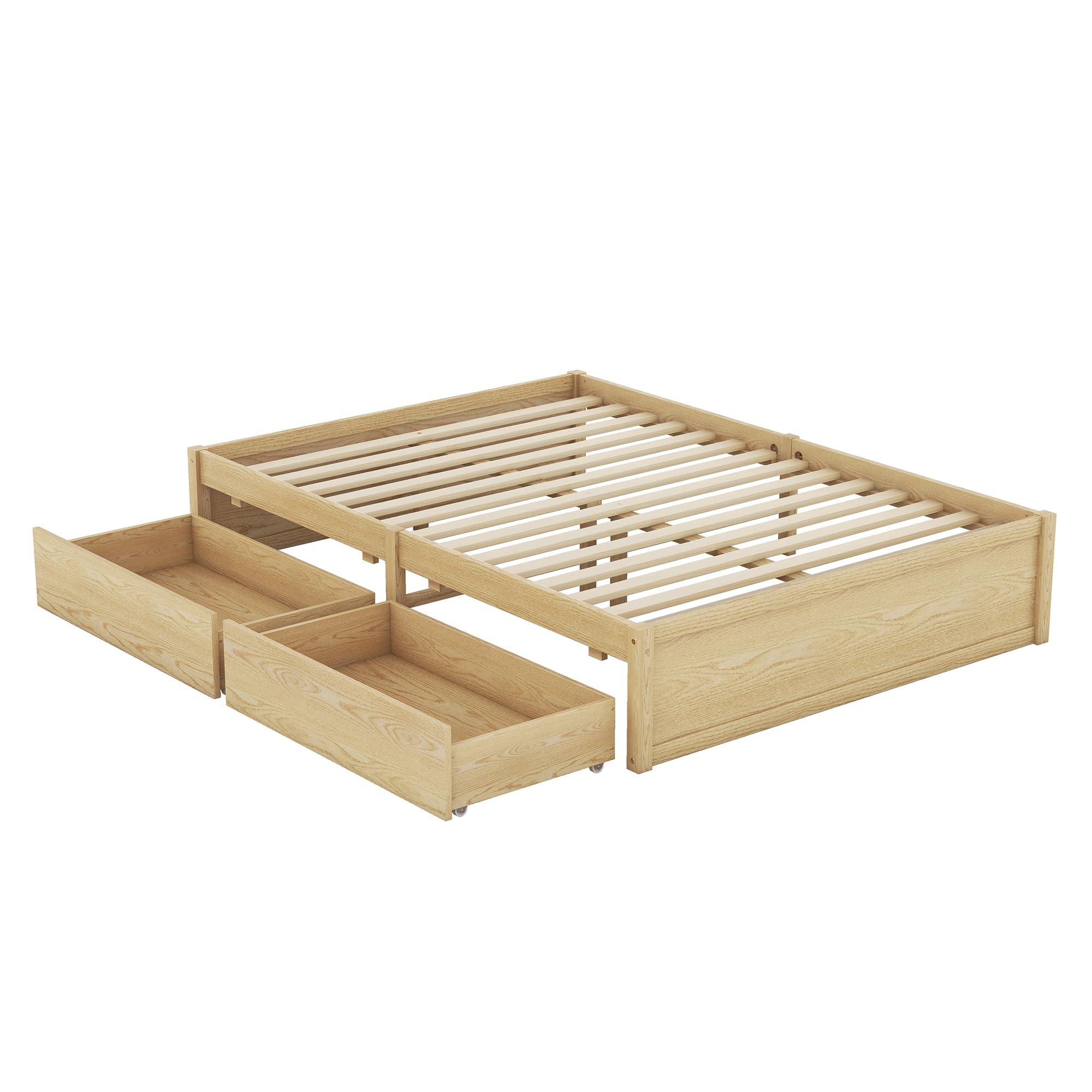 RUNNA Multifunction Full Size Wood Daybed with Fence Guardrails and 2 Drawers, Split into Independent Floor Bed & Daybed for Kids Girls Boys (Natural#8)