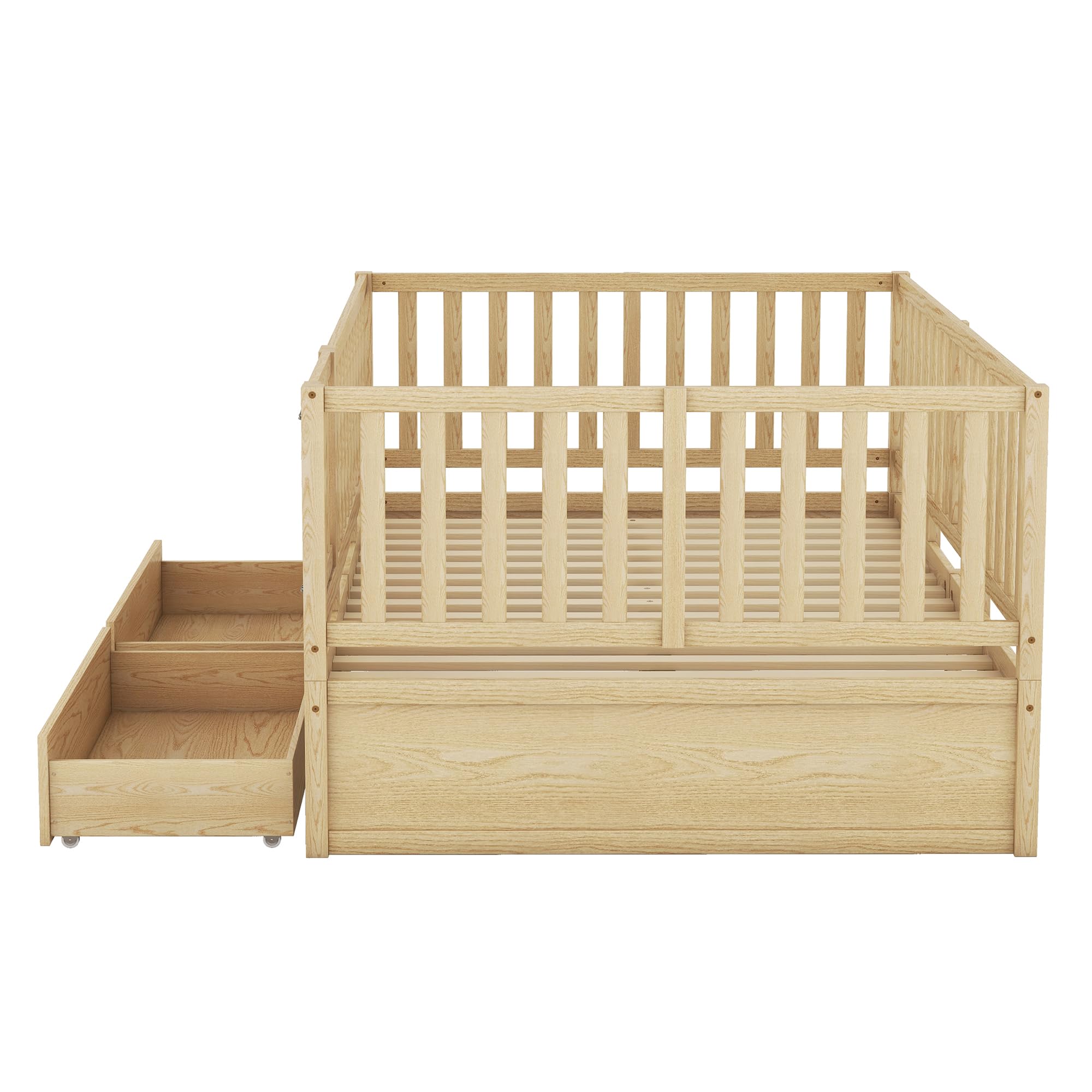 RUNNA Multifunction Full Size Wood Daybed with Fence Guardrails and 2 Drawers, Split into Independent Floor Bed & Daybed for Kids Girls Boys (Natural#8)