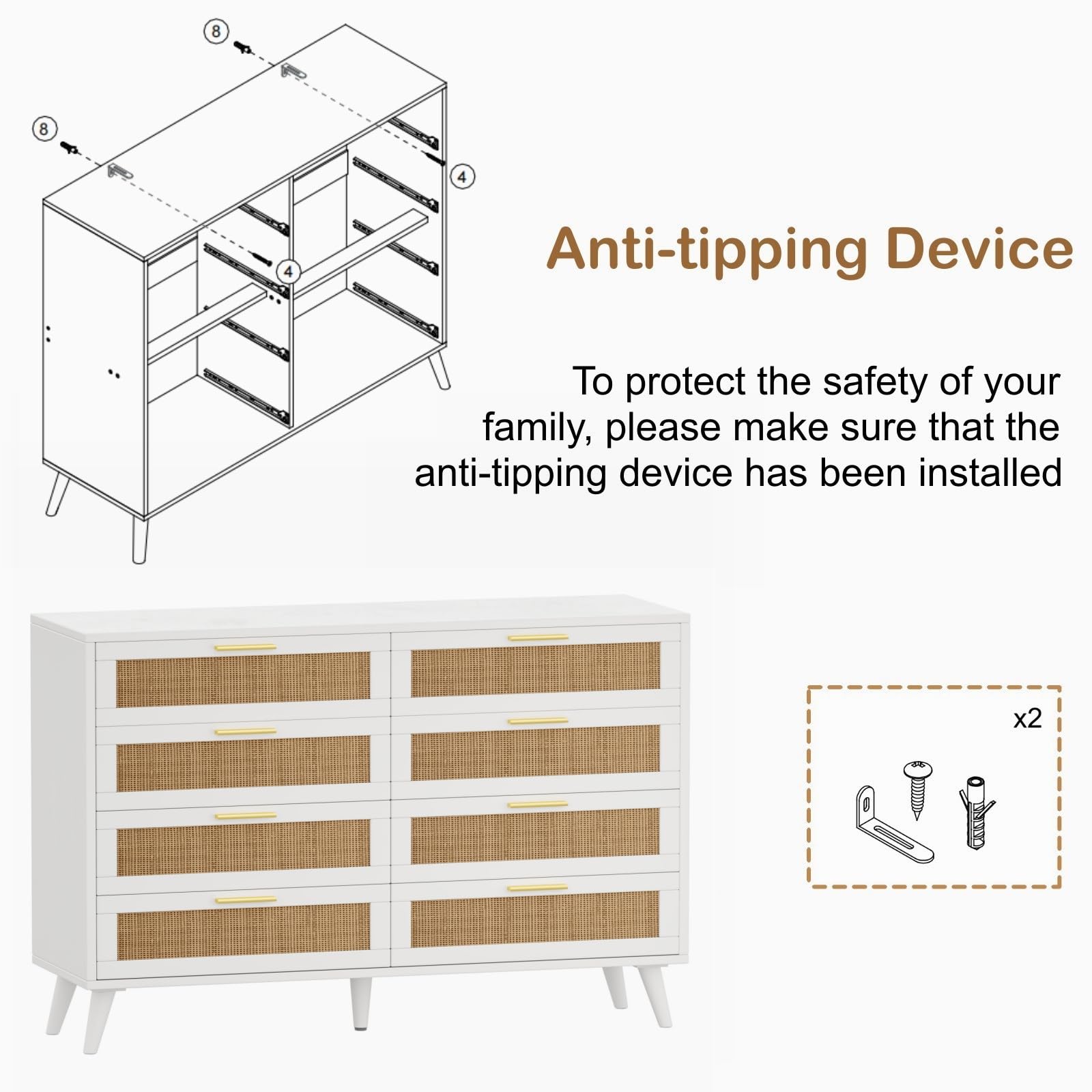 Rovaurx 8 Drawer Double Dresser for Bedroom, Rattan Chest of Dressers, Modern Wooden Dresser Chest with Golden Handles, Beside Table for Closet, Living Room and Entryway, White and Natural