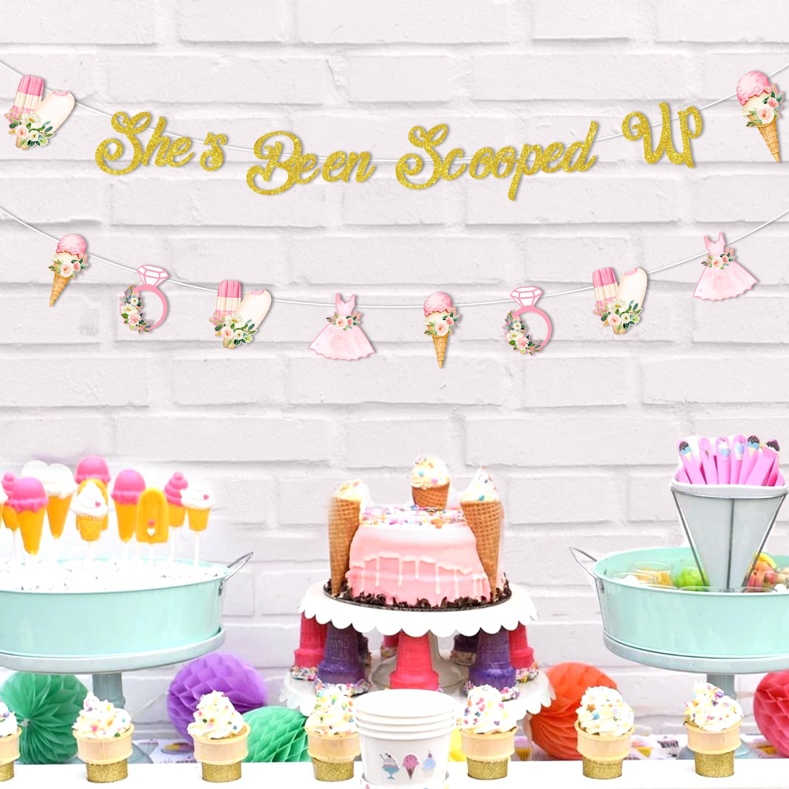 Jollyboom She's Been Scooped Up Banner, Ice Cream Bridal Shower Party Decoration Glitter Banner for Girl Women Summer Ice Cream Theme Bachelorette Bridal Shower Engagement Wedding Party