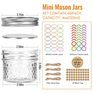 TOEKSIX Mini Mason Jars 4 oz 40 Pack, Regular Mouth Mason Jar with Lids and Seal Bands, Small Glass Canning Jar for Spice, Jam, Honey, Jelly, Dessert, Shower Wedding Favors, DIY Candles Decor