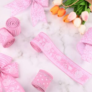 5 Rolls 30 Yards Floral Wired Edge Ribbon 2.5'' Pink Rose Flowers Printed Decorative Ribbon for Gift Wrapping Hair Bow Wreath Making for Wedding Valentine's Day Crafts Supplies