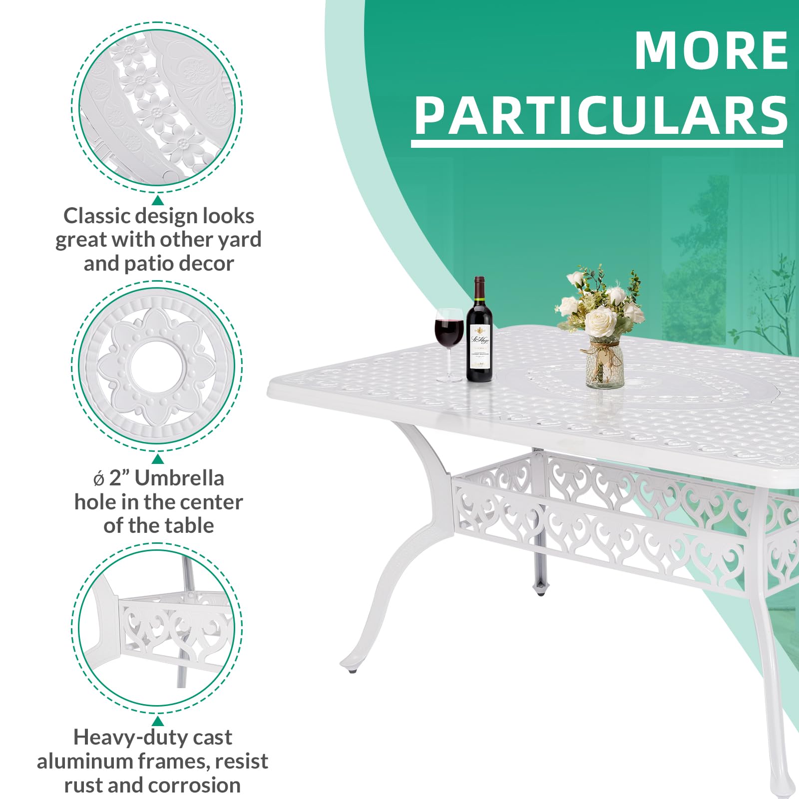 VIVIJASON 7-Piece Patio Furniture Dining Set, All-Weather Cast Aluminum Outdoor Conversation Set, Include 6 Chairs and a Rectangle Table with Umbrella Hole for Balcony Lawn Garden Backyard, White