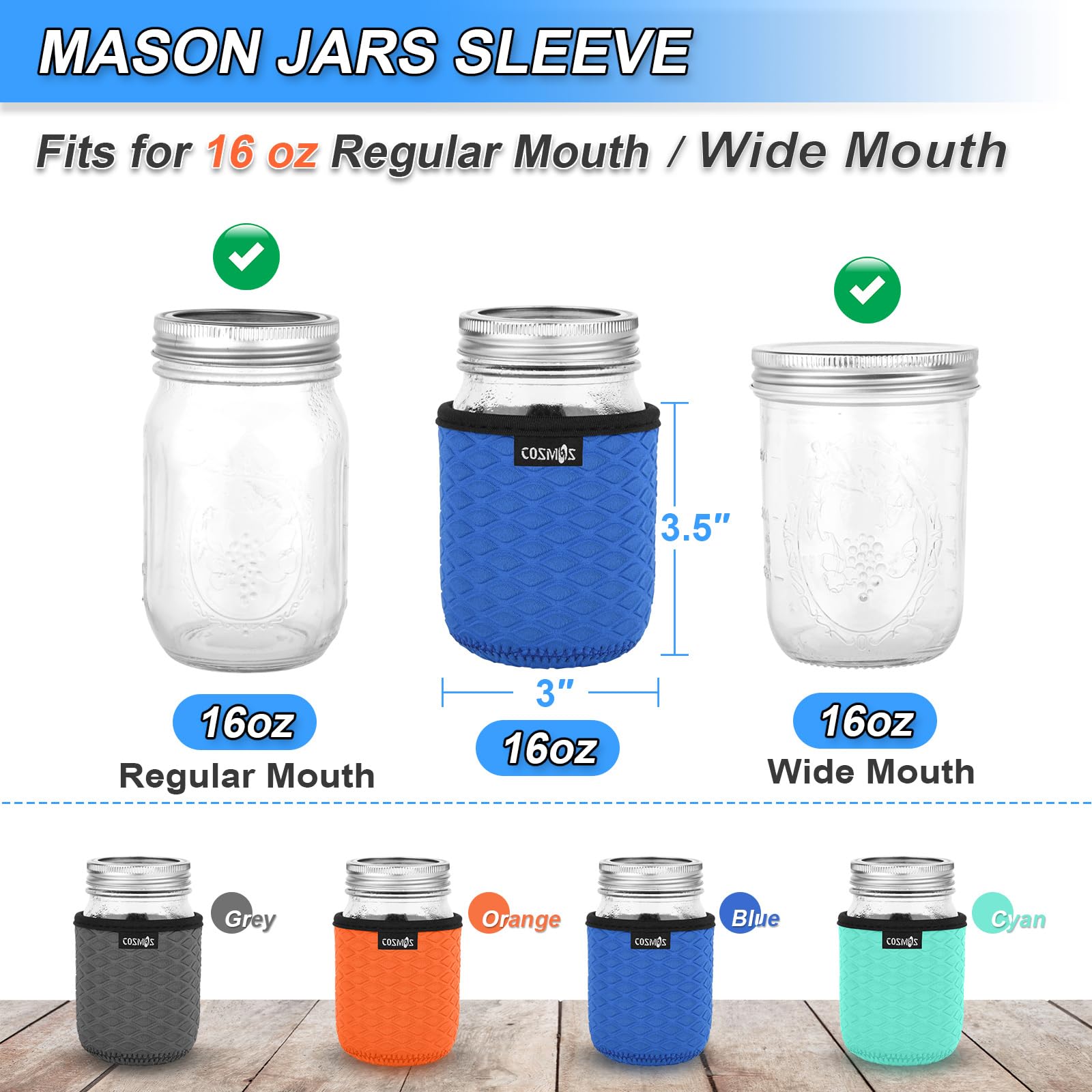 Cosmos 4 Pcs Neoprene Mason Jar Sleeve Cover for Regular Mouth Jar, Insulated Glass Jars Cover Canning Sleeves Glass Container Protector Holder for Home Kitchen Storage (For 16 OZ Jar)