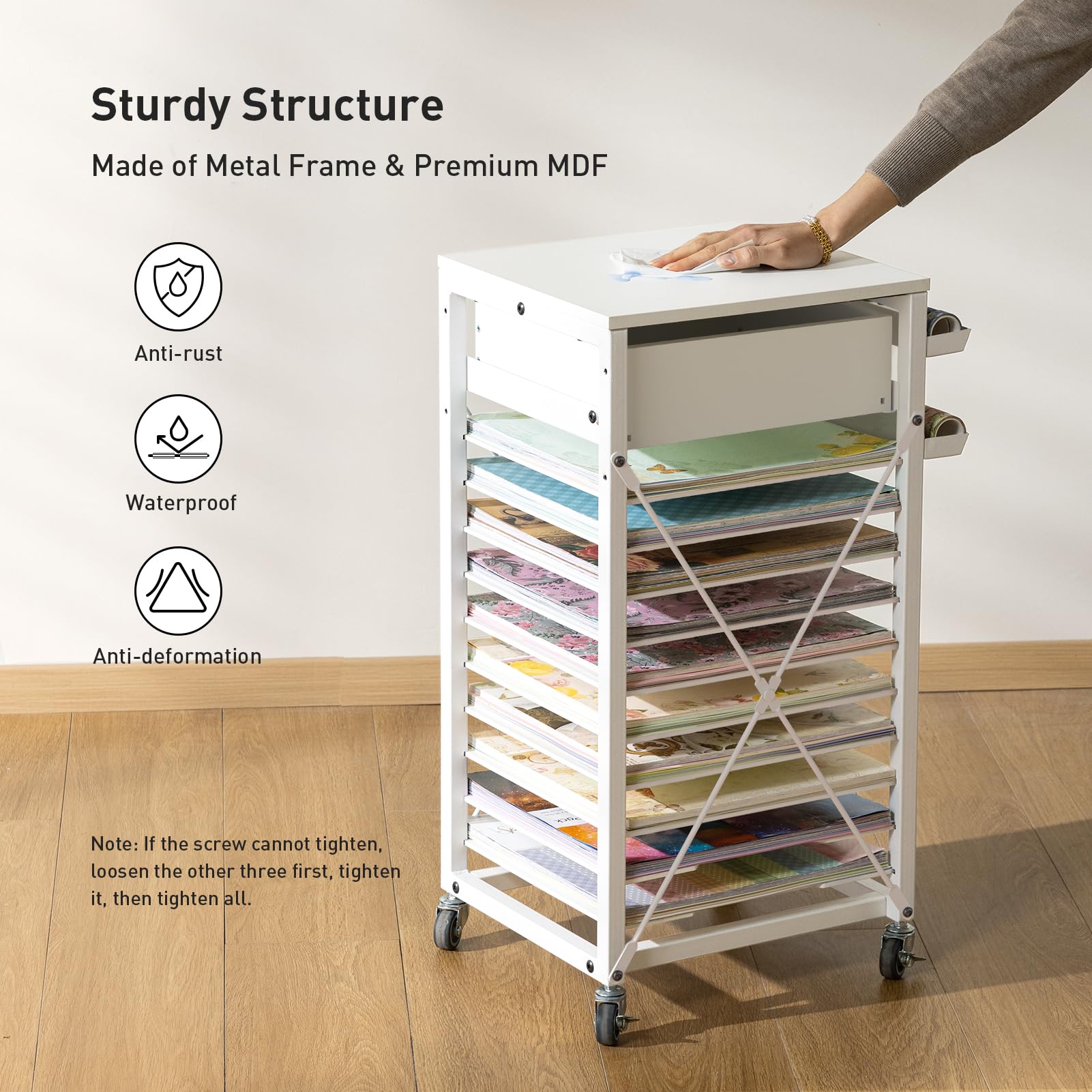 Caydo 12x12 Paper Storage Organizer-10 Tier File Rolling Storage Cart with Drawer Crafting Table Organization Workstation for Craft Room Home