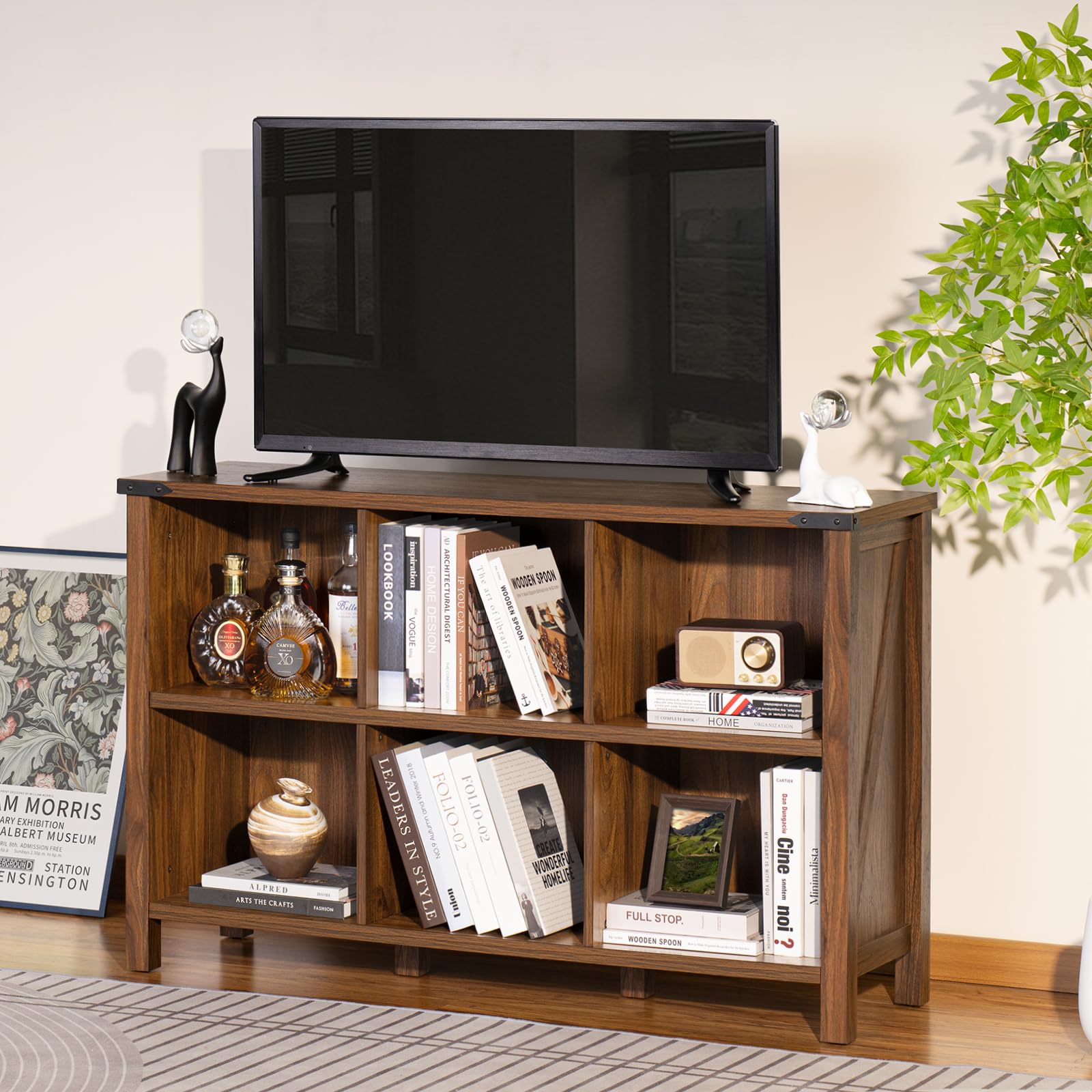 Joaxswe Farmhouse 6 Cube Book Shelf, Wood 3 Tier Storage Organizer Bookshelf, Brown Walnut 47" Horizontal Cubby Bookcase with Legs, Rustic Entryway Book Case, Long Display Cabinet for Bedroom, Office