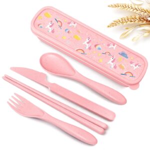 teivio plastic wheat straw portable travel utensils set for kids, reusable flatware-forks spoons knives chopsticks for school camping with cute unicorn pattern storage case (pink)