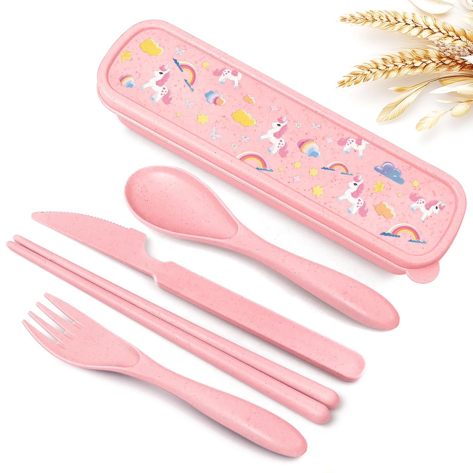 Teivio Plastic Wheat Straw Portable Travel Utensils Set for Kids, Reusable Flatware-Forks Spoons Knives Chopsticks for School Camping with Cute Unicorn Pattern Storage Case (Pink)