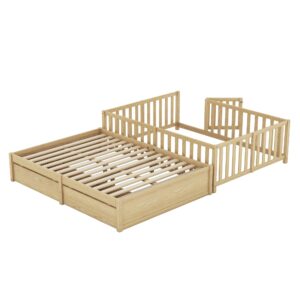 RUNNA Multifunction Full Size Wood Daybed with Fence Guardrails and 2 Drawers, Split into Independent Floor Bed & Daybed for Kids Girls Boys (Natural#8)