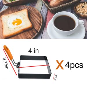 Large 4 Pcs 4 Inch Sqaure Egg Ring for Griddle Frying Egg,4" Non-stick Stainless Steel Square Egg Mold,Square Omelet Ring Pancake Mold Maker With Silicone Insulated Handle Oil Brush & Egg Separator