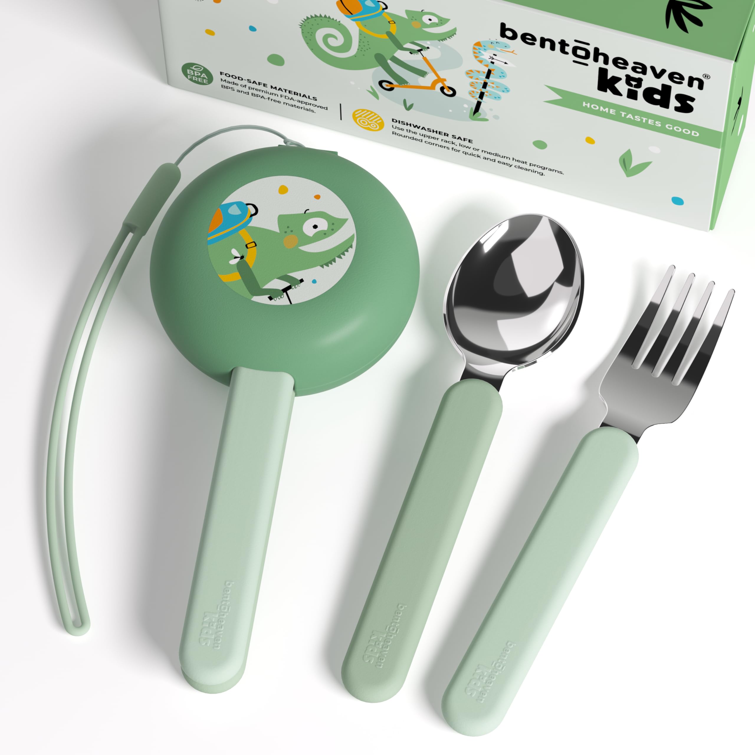 Bentoheaven Kids Travel Utensils with Case, Food-Grade Stainless Steel & BPA-Free Plastic, Travel Kid Cutlery Set, Dishwasher Safe Fork, Spoon & Case, Reusable Flatware, Silverware for Kids(Chameleon)