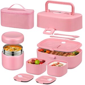 pawtong bento lunch box with 8oz soup thermo, kids sustainable bento box leakproof lunch food containers with lunch bag, kids thermo insulated hot food jar for school, trvael (pink)