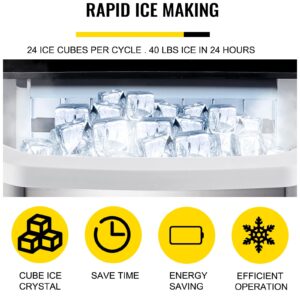 VEVOR Countertop Ice Maker, 40LBS/24H, Stainless Steel Crystal Clear Cube, Portable Ice Making Machine with LCD Display Control Panel and Ice Scoop for Home Bars Parties Commercial Use