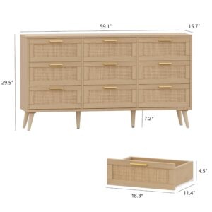 Rovaurx 9 Drawer Double Dresser for Bedroom, Rattan Chest of Dressers, Modern Wooden Dresser Chest with Golden Handles, Beside Table for Closet, Living Room and Entryway, Natural