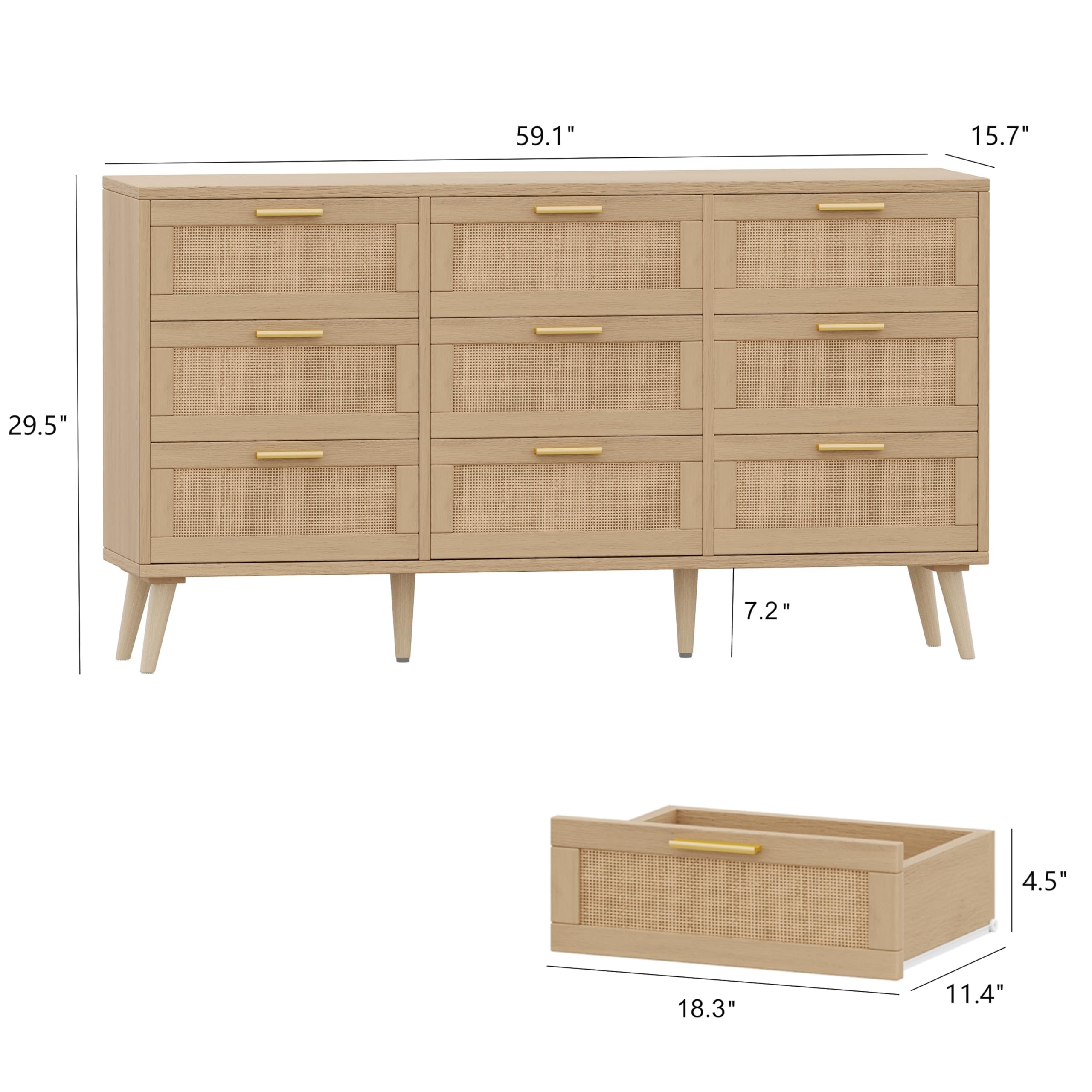 Rovaurx 9 Drawer Double Dresser for Bedroom, Rattan Chest of Dressers, Modern Wooden Dresser Chest with Golden Handles, Beside Table for Closet, Living Room and Entryway, Natural