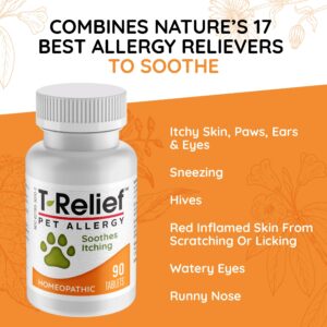 T-Relief Pet Allergy Support for Dogs & Cats Itchy Relief Supports Healthy Skin & Coat Natural Medicine Helps Soothe Hot Spot Itching Paws Licking Runny Nose Sneezing Watery Eyes - 90 Tablets