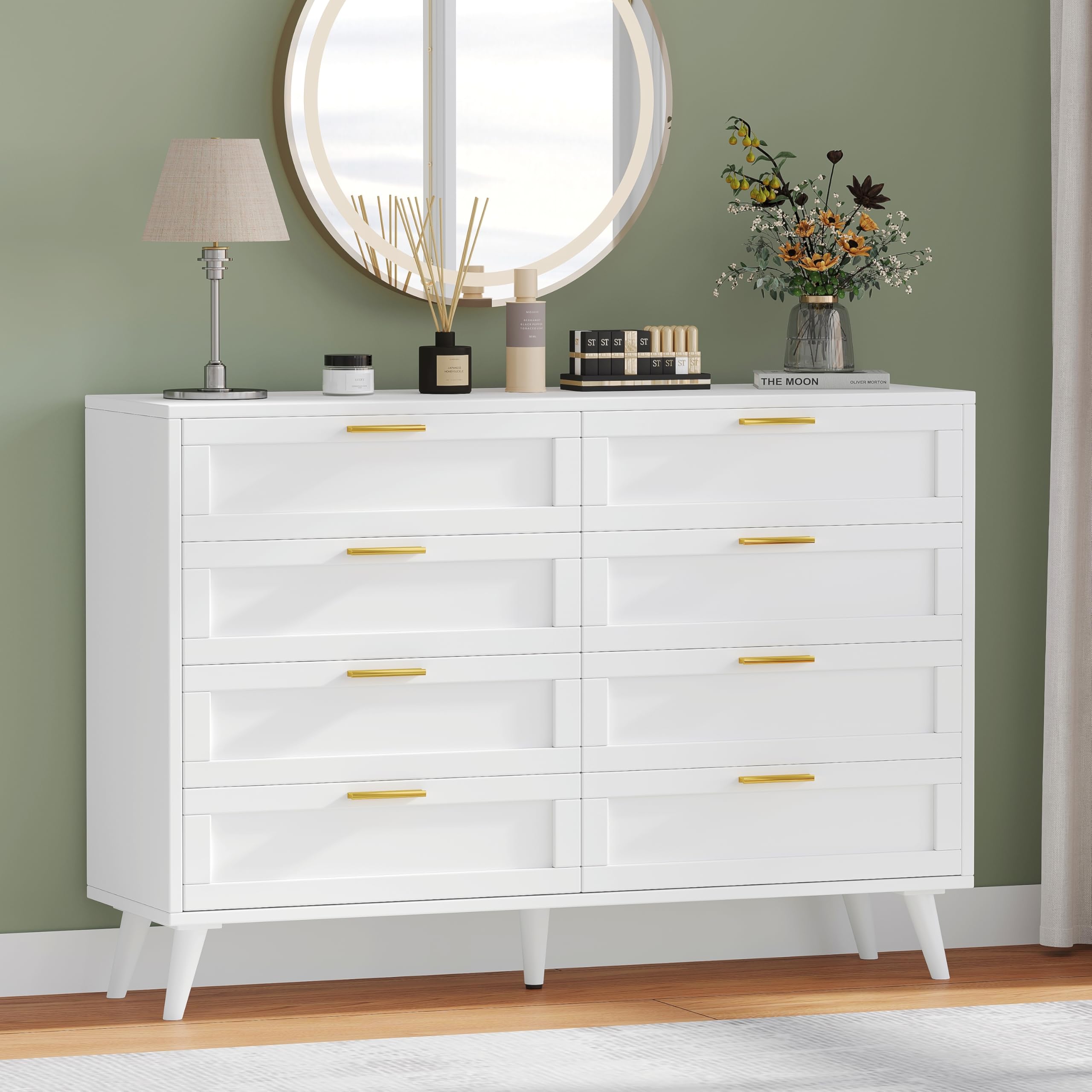 Rovaurx 8 Drawer Double Dresser for Bedroom, Chest of Dressers, Modern Wooden Dresser Chest with Golden Handles, Beside Table for Closet, Living Room and Entryway, White RDG003W