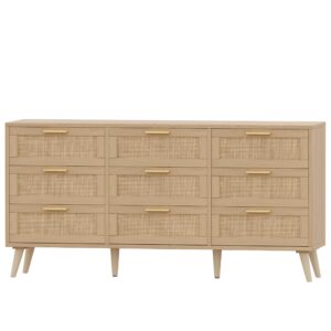 Rovaurx 9 Drawer Double Dresser for Bedroom, Rattan Chest of Dressers, Modern Wooden Dresser Chest with Golden Handles, Beside Table for Closet, Living Room and Entryway, Natural