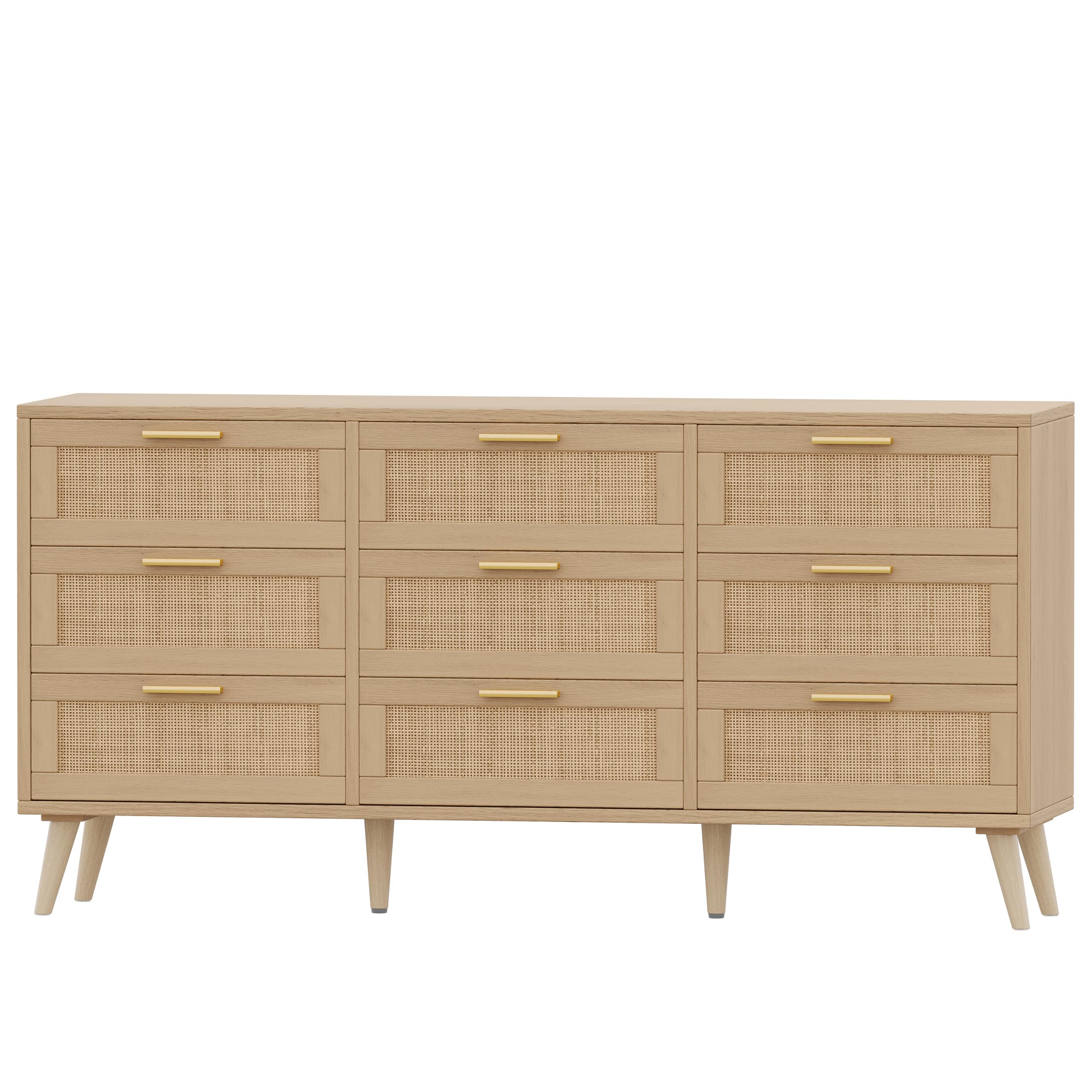 Rovaurx 9 Drawer Double Dresser for Bedroom, Rattan Chest of Dressers, Modern Wooden Dresser Chest with Golden Handles, Beside Table for Closet, Living Room and Entryway, Natural