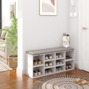 TJYGO Shoe Storage Bench, 10 Cubbies Shoe Bench, Storage Entryway Bench with Removable Cushion, Space Saving Storage Shoe Rack Bench, 41 x 12 x 16.75 Inches